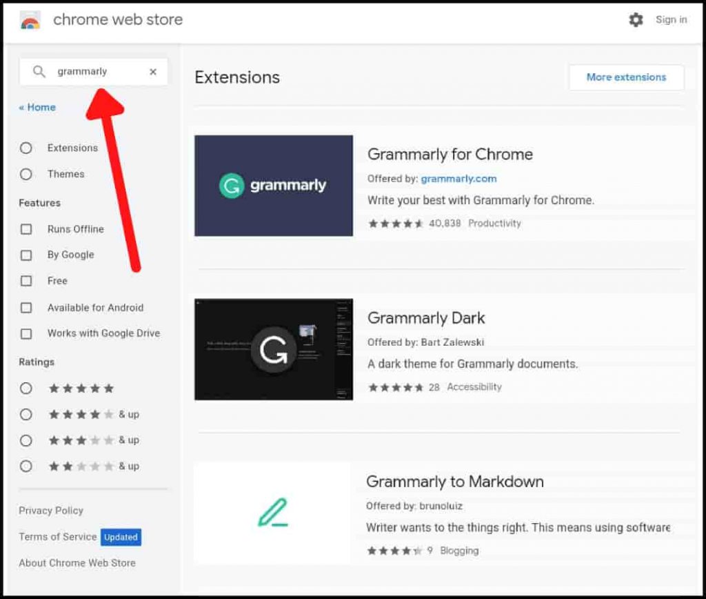 Type and search grammarly in search bar
